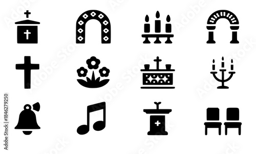 Set of Church, Religious Ceremony, and Event Icons, Pictograms of Cross, Altar, Candle, Bell, Flower Arch, Lectern, Music Note, and Seating, Monochrome Vector Graphic