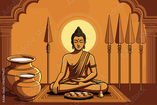 An illustration of Buddha meditating in a serene setting with ancient Indian architecture, spears, and offerings.