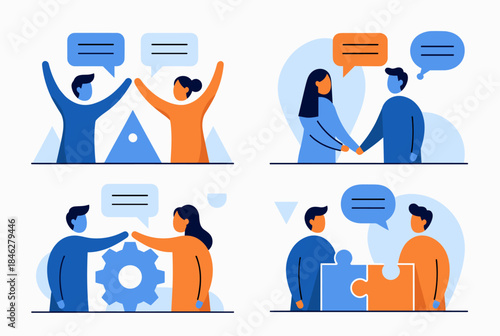 Illustrations depicting various forms of collaboration, communication, and teamwork among people, including agreement, partnership, problem-solving, and shared success.