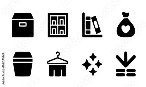 Set of Home Organization, Storage, and Cleaning Icons, Pictograms of Box, Cabinet, Bookshelf, Garbage Can, Laundry, Sparkling Clean, Money Donation, and Love Sack, Monochrome Graphic