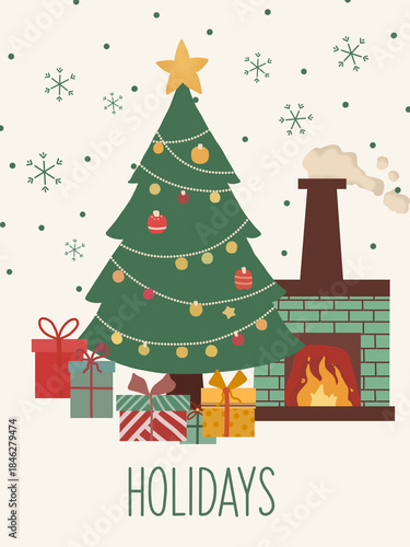 Cozy Christmas scene with decorated tree and fireplace.