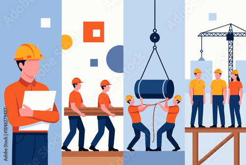 Illustration depicting various stages and roles in a construction project, including supervision, material handling, heavy lifting, and teamwork on site.