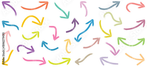 Set of colorful geometric shapes, curls, waves arrows. Brush hand drawn grunge thick arrows. Arrow crayon pastel pencil chalk color line stroke. A collection of colorful hand drawn arrows.