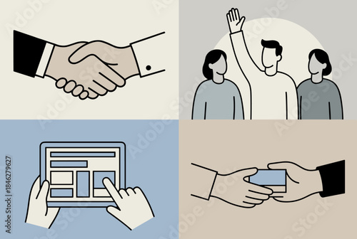 Illustrations depicting various business interactions including a handshake, a person raising hand in a group, hands using a tablet, and an exchange of cards.