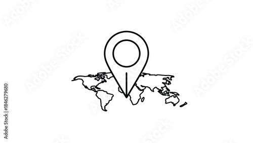 Simple black and white line art icon depicting a location pin precisely marking a spot on a stylized world map graphic