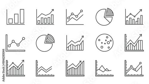 Collection of fifteen black outline icons representing various types of business charts graphs and data visualization elements for analysis