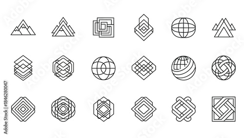 Collection of minimalist geometric line art icons featuring abstract shapes mountains and global sphere designs for branding