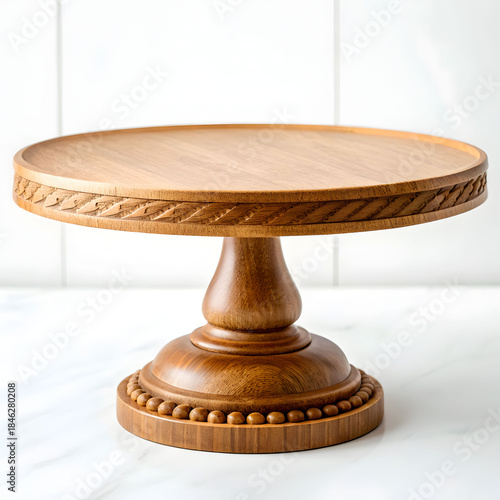 empty wooden stand for cake on white background