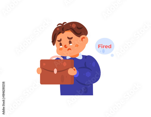 Illustration of an employee or staff member sad because he was fired. worker dismissal. termination of employment. man holding a briefcase. work problems. cute flat style character. white background