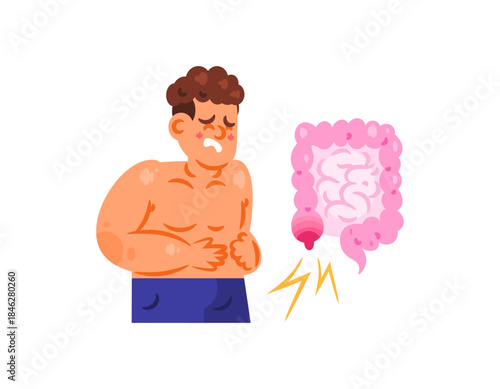 Illustration of a man experiencing abdominal pain due to appendicitis. Symptoms of appendicitis. Health problems and diseases of the intestinal organs. Cute flat style character. White background.