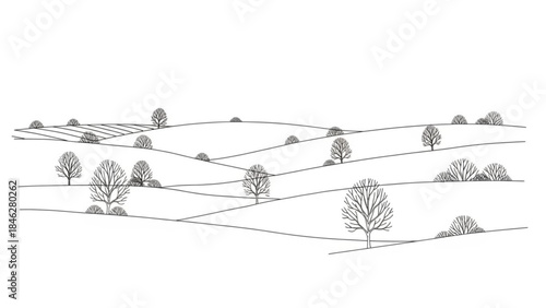 A black and white illustration of rolling hills with trees on a
