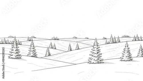 A serene winter landscape with snow covered pine trees on rolling hills