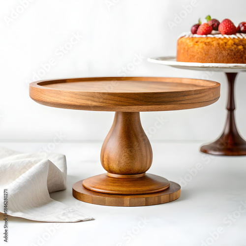 empty wooden stand for cake on white background