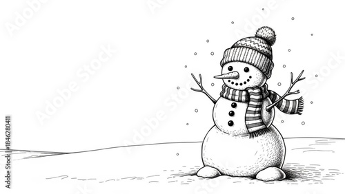 A cheerful snowman wearing a hat and scarf in a snowy landscape with falling snowflakes around him