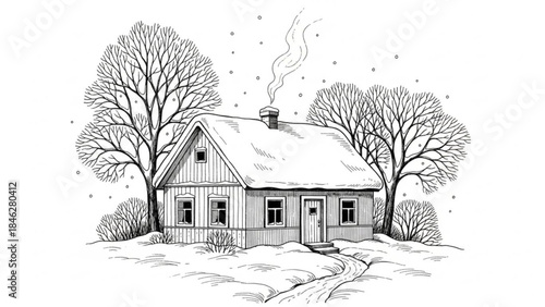A cozy house with snow on the roof and trees in winter