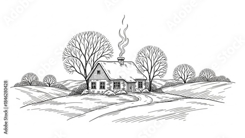 A black and white line drawing of a house with smoke coming out of the chimney on a rural landscape with trees