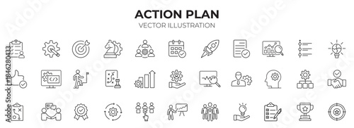 Action plan editable stroke outline icons set. Goal, collaboration, strategy, tasks, action, planning and analysis