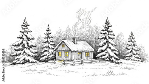 Cozy snowcovered house with pine trees and smoking chimney in winter landscape