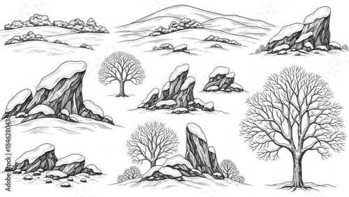 Black and white illustration of snow covered rocks and trees