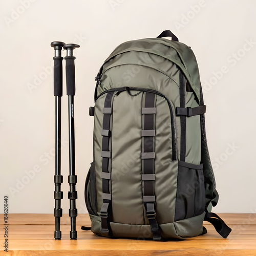 backpack and trekking poles