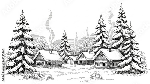 Black and white illustration of snowy houses with pine trees in a winter landscape