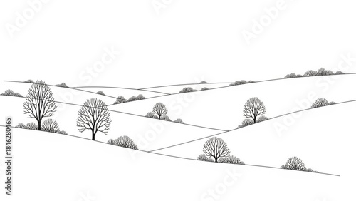 Black and white illustration of trees on rolling hills with fields