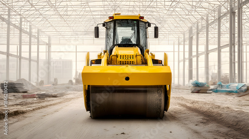 Yellow road roller compacting soil at construction site
