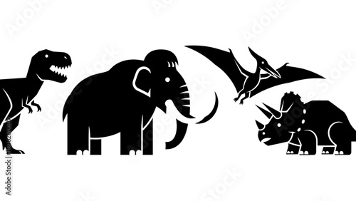 Minimalist Black Prehistoric Animal Vector Set with Four Extinct Creatures