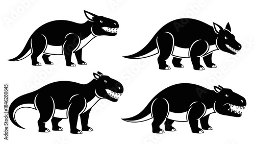 Minimalist Black Prehistoric Animal Vector Set with Four Extinct Creatures