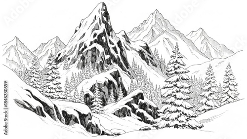 Black and white illustration of snowy mountain range with pine trees on slope