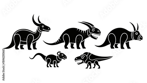 Minimalist Black Prehistoric Animal Vector Set with Four Extinct Creatures
