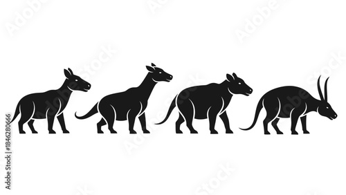 Minimalist Black Prehistoric Animal Vector Set with Four Extinct Creatures