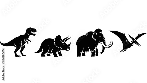 Minimalist Black Prehistoric Animal Vector Set with Four Extinct Creatures