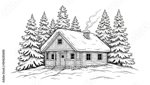A cozy snow covered cabin in a forest of pine trees on a winter day