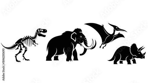 Minimalist Black Prehistoric Animal Vector Set with Four Extinct Creatures