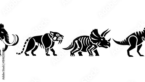 Minimalist Black Prehistoric Animal Vector Set with Four Extinct Creatures