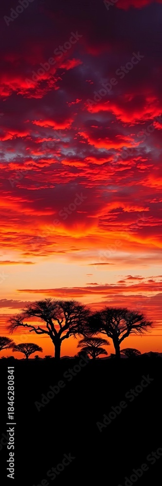 Fototapeta premium Vibrant sunset paints the African sky in fiery hues over silhouetted acacia trees, creating a breathtaking natural panorama, acacia, wilderness