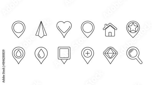 Collection of minimalist black outline map pin icons featuring various symbols like heart star house and search for navigation design
