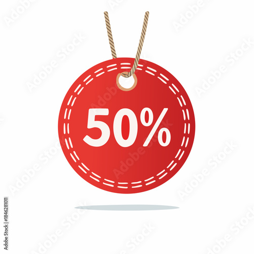 Bold red promotional label showcasing a prominent fifty percent off discount, designed to signify significant savings and encourage immediate purchase decisions for customers
