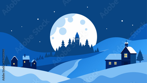 Snowy village under full moon