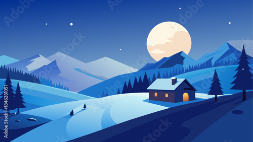 Serene mountain cabin under moonlit night