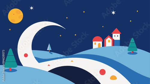 Nighttime village under moon and stars