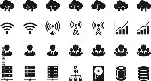 Cloud computing, data analytics, network infrastructure, business icons, server storage, wireless signal, database, IT symbols, technology, digital communication, vector