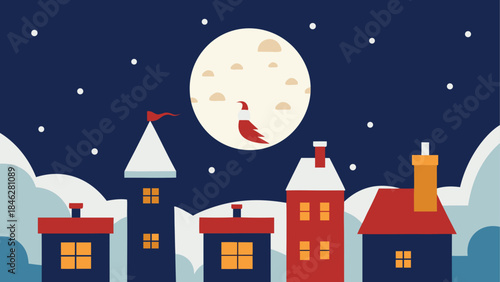 Quiet winter night in a snowy village