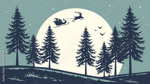 Santa's sleigh over snowy forest