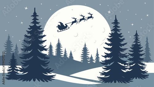 Santa's sleigh flying over snowy forest