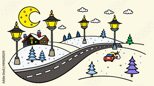 Serene winter night in a snowy village