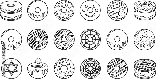 Donut icon set, outline style, black and white, dessert illustrations, bakery clipart, sweet treat graphics, food vector pack
