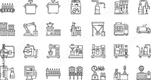 Food manufacturing, beverage processing, industrial automation, packaging line, factory equipment, quality control, bottling, cooking, delivery, robotics, workflow, production, icons
