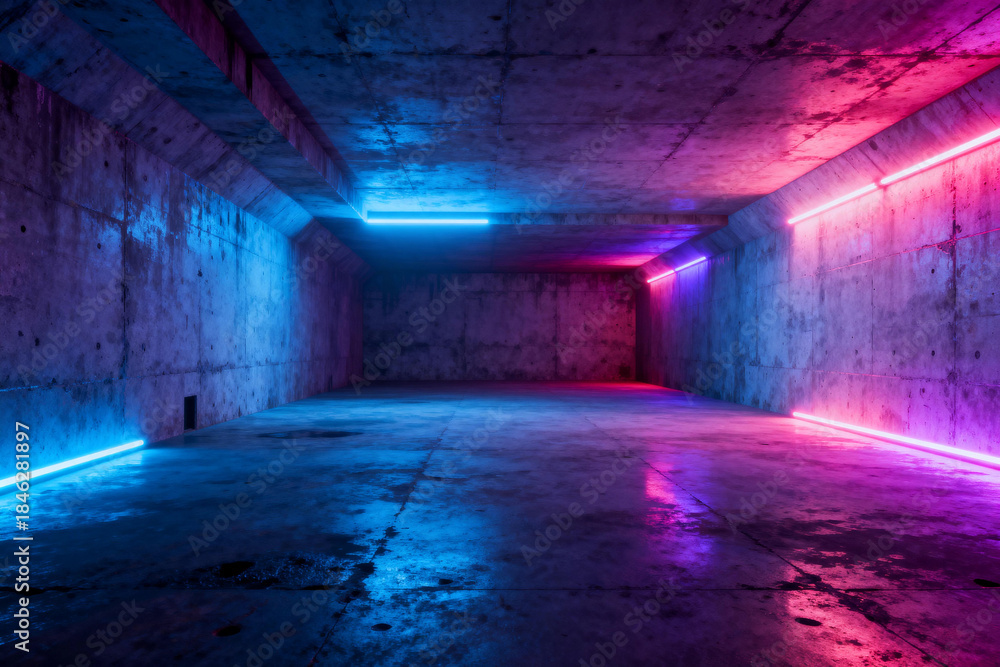 Obraz premium Neon-Lit Concrete Underground Passageway Very good content.